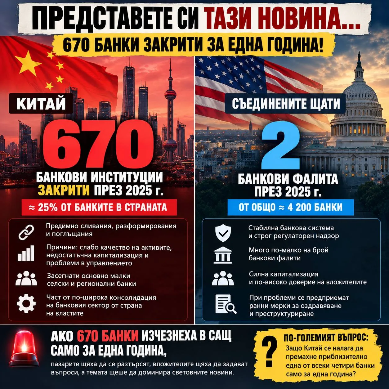 Графика за закритите китайски банки през 2025 г. в сравнение с банковите фалити в САЩ